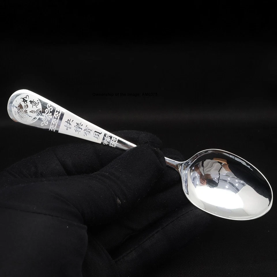 Pure 999 Fine Silver Soup Spoon Flatware 快乐宝贝 Handle Dinner Spoon 5.19inch L - Image 2 of 4