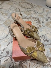 Gold Sparkly Rhinestone Bow 2  Kitten Heel Wedding Shoes With Ankle Strap
