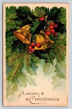 Vintage Embossed Christmas Postcard Bells Holly Berries 1910 Posted