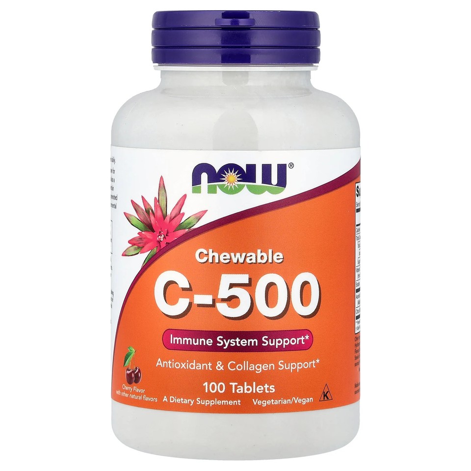 Now Foods Chewable C-500 Cherry-Berry Flavor 100 Tablets GMP Quality Assured,