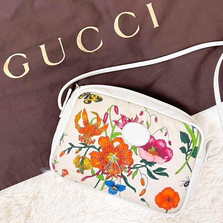 Vintage 80s Gucci Flora Crest Interlocking Crossbody Shoulder Bag  