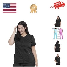 Women's V-Neck Scrub Top with Snap Front, 4 Pockets, and 2-Way Stretch Fabric