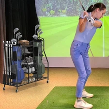 NNECW Heavy Duty Metal Double Golf Bag Storage Rack with Shelves & Lockable Whee