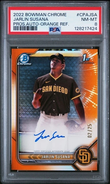 2022 BOWMAN CHROME PRSPCT AUTOS ORANGE REFRACTOR JARLIN SUSANA 2/25 PSA 8 AUTO