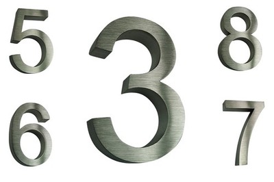 Hausnummer Edelstahl H16cm Schrift Arial-3D V2A  0 1 2 3 4 5 6 7 8 9