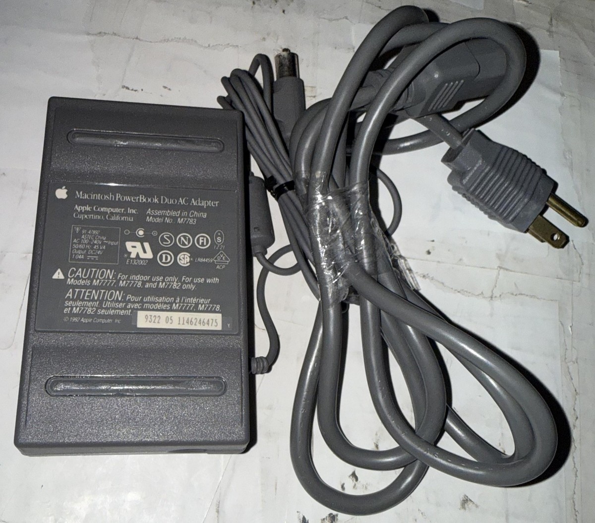 Vintage Apple Macintosh PowerBook Duo AC Adapter 24V M7783 Gray