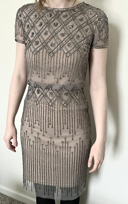 Adrianna Papell Sequin Beaded Dress Size US 0 Taupe Grey Geometric Knee  Length | eBay