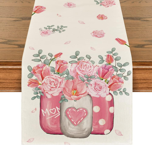 Tulips Carnations Flower Vase Eucalyptus Mother'S Day Table Runner, Kitchen Dini