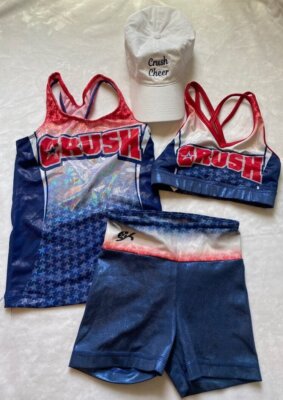 Girls GK ELITE Crush Hologram Star Cheer Lot Crop Top Tank & Shorts Hat CL 8-10