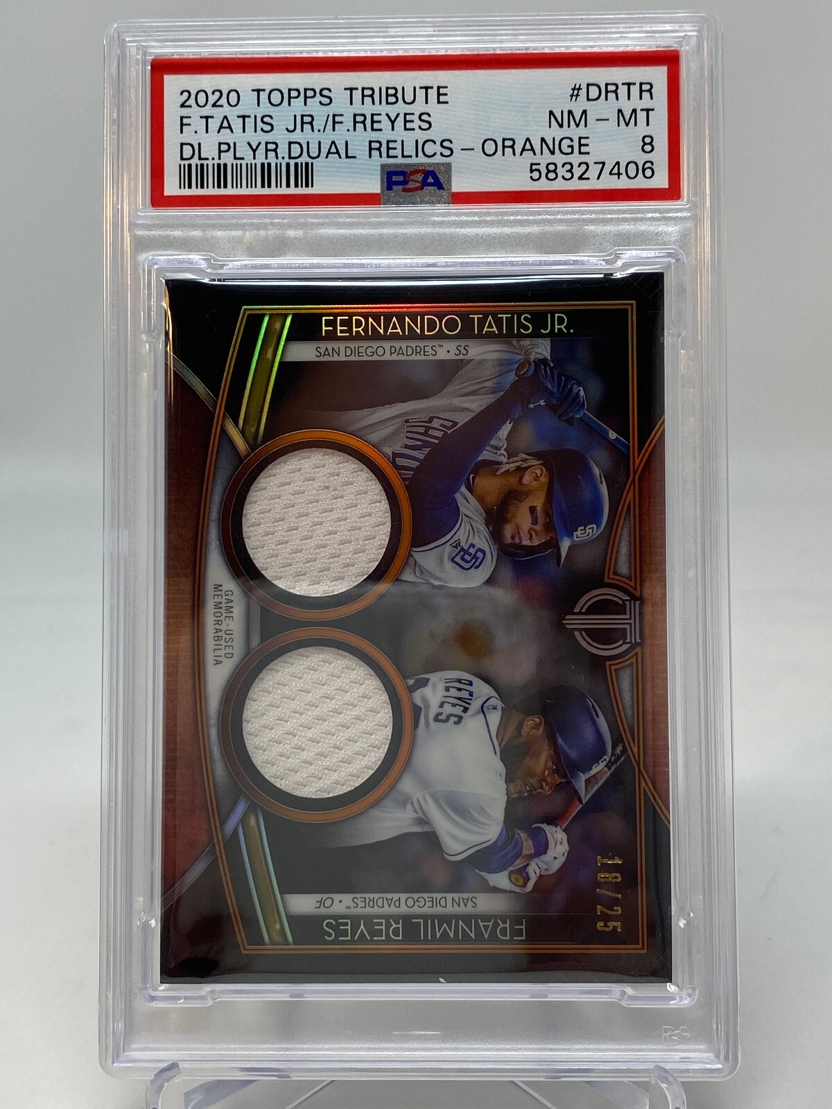 2020 Topps Tribute Dual Relic ORANGE Serial #18/25  Fernando Tatis Jr. PSA 8 view 5