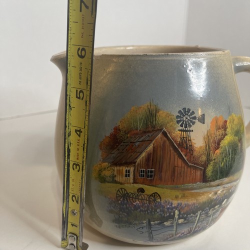 P.R. Storie Pottery Co. Marshall TX Stoneware Beige Pitcher w Homestead Scene - Picture 9 of 10