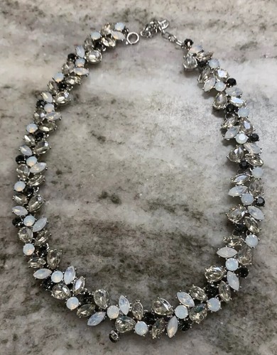 LOFT Silver Tone Sparkly Clear, Milky & Blue Rhinestone 36" Necklace