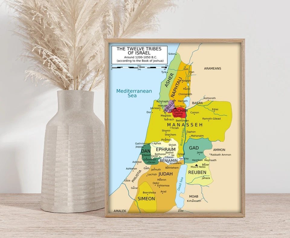 Mapa de 12 Tribus de Israel fr. Póster de arte de pared del libro de Josué 1200-1050 sin marco Foto 4 de 4
