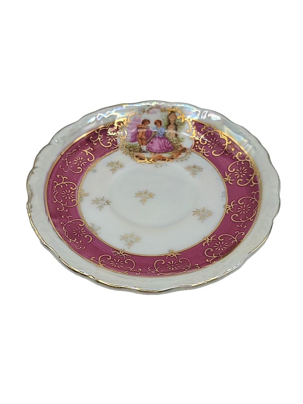 Red Demitasse Courting Couple Footed Gilded Small Cup and Saucer Vintage Japan