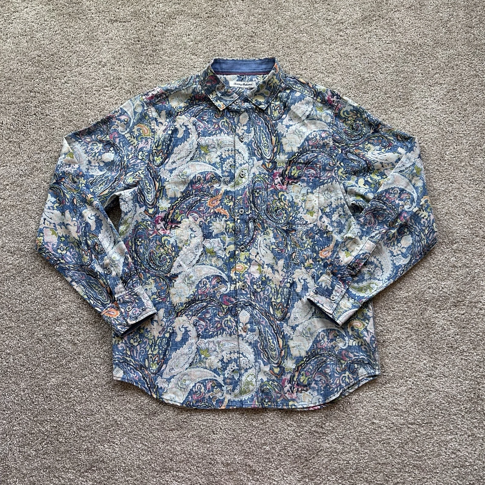 Tommy Bahama Men's Medium Linen Blend Paisley Button Down Shirt 37.5 Technology
