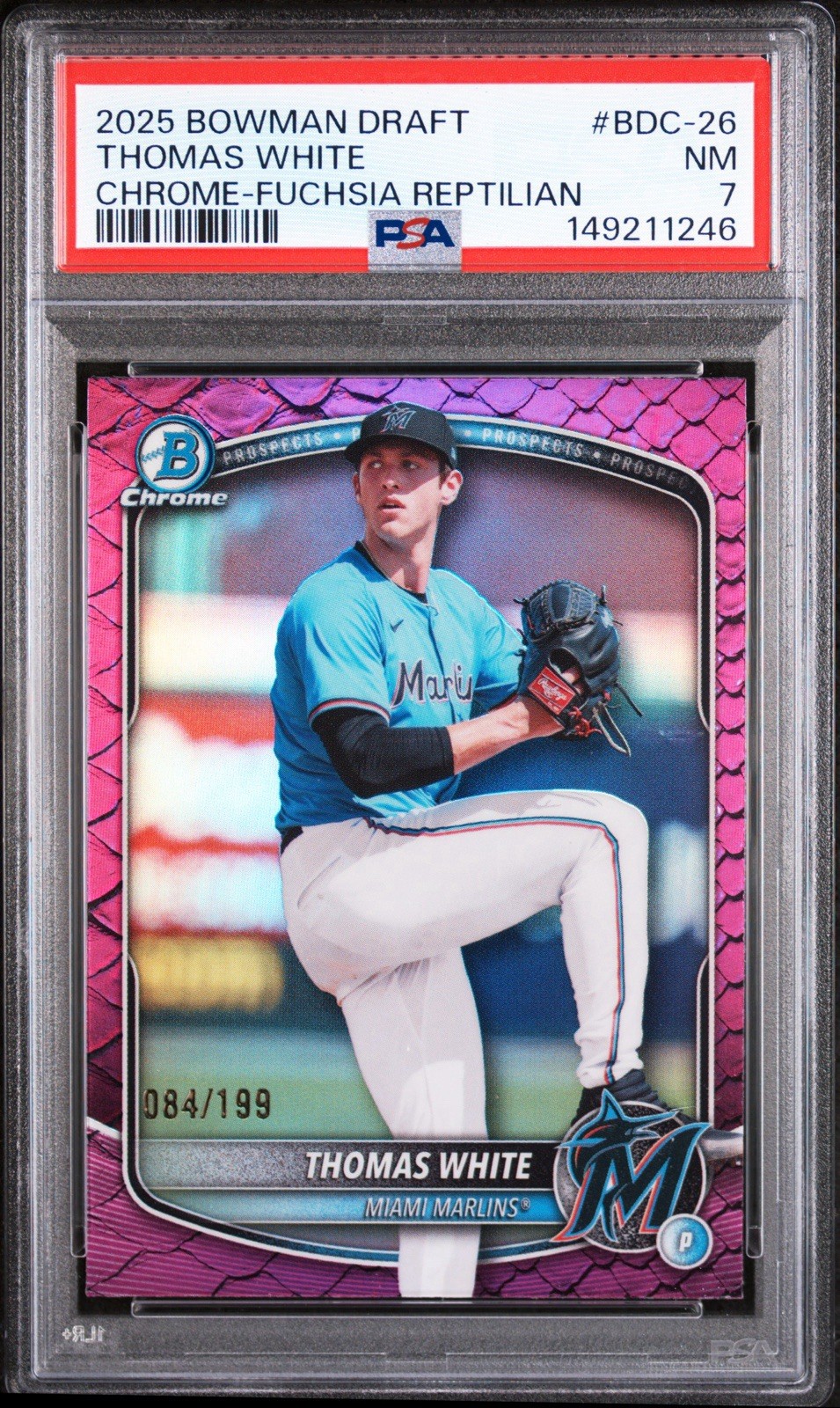 2025 Bowman Chrome Prospects Thomas White #BCP-69 Fuchsia Refractor /199 PSA 7