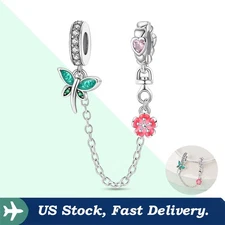 KUNSIR 925 Sterling Silver Flower Safety Chain Charm For Bracelet Bead DIY Gifts