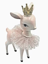 Bella Lux Pink Deer Figurine 10 Inch Crown Tulle Skirt Christmas Decor Princess