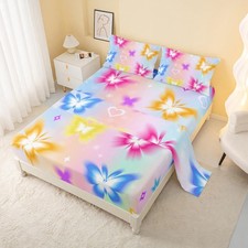 King Size Colorful Butterfly Fitted Sheet Set for Girls,Rainbow Butterfly Bed...