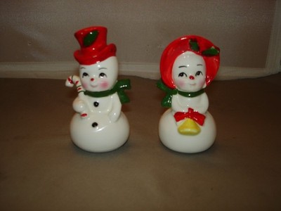1 Vintage Lefton Mrs & Mr Snowman Salt Pepper Shakers Christmas Japan Candy Cane