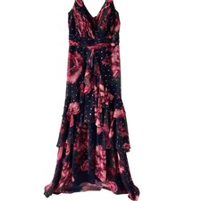 Xscape Women's Gown Dress 8 Navy Floral Pink Gold Metallic Tiered Ruffle Formal