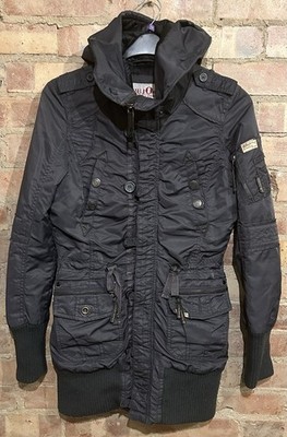 KHUJO Hooded Parka Jacket Black Size Small 38  Buttons Zips & Pockets Women s