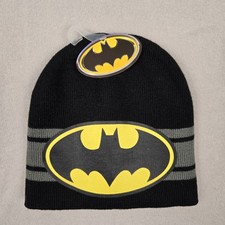 Image of DC COMICS Boys Batman Beanie Hat Black Gray Stripe Knit Cap Printed Graphic Logo