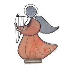 Vintage Handmade Stained Glass Angel Playing a Harp Rose Colored and Clear Glass