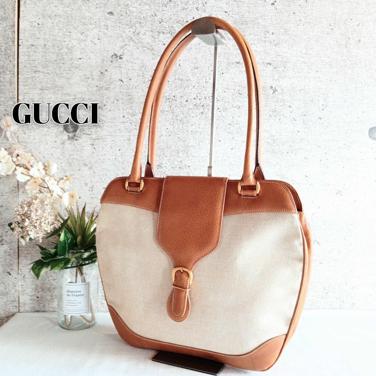 Old Gucci Shoulder Tote Bag Large Capacity One  VINTAGE Italy Canvas Leather