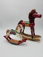 Set of 2 Vintage Wood  Resin Hand painted Rocking Horse Ornaments Christmas
