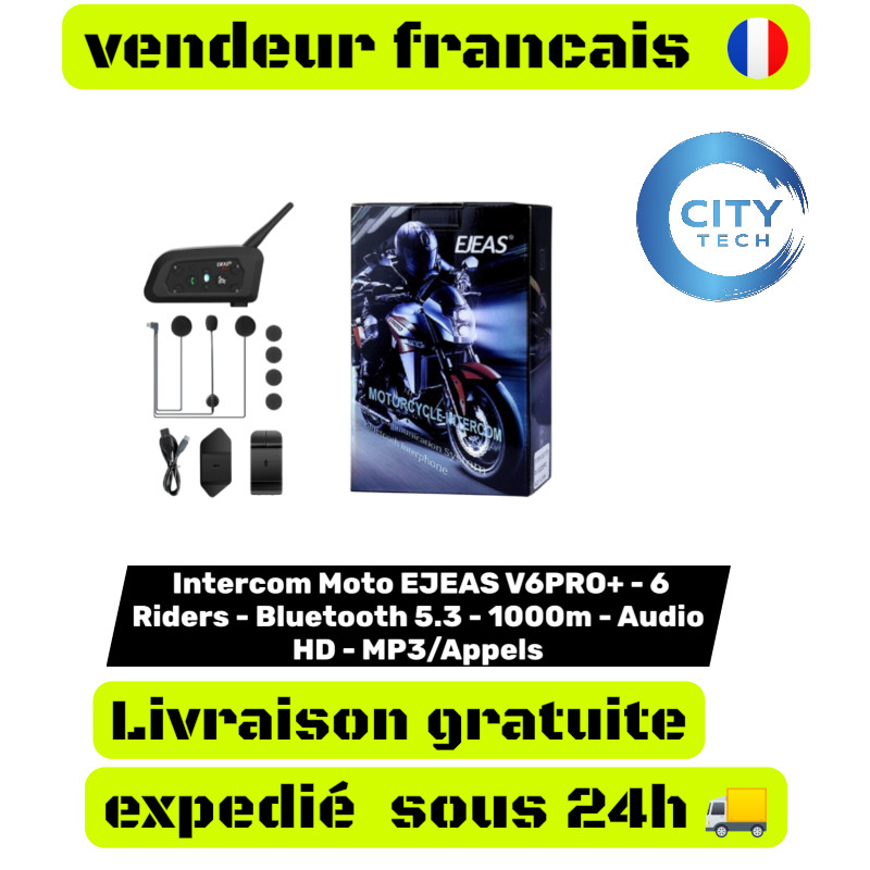 Intercom Moto EJEAS V6PRO+ Bluetooth 5.3 avec Connexion 6 Motards et Son HD Noir