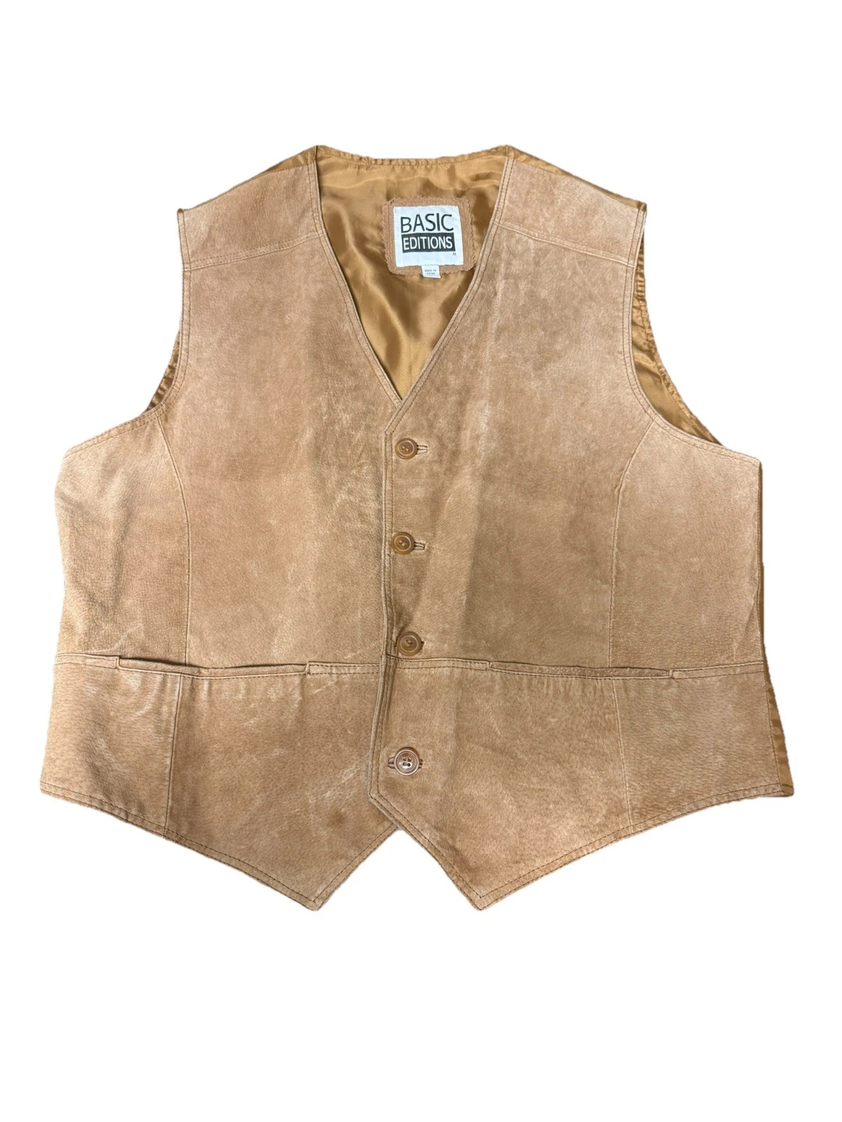 Vintage Basic Editions Tan Leather Suede western Retro Sleeveless Vest Men L