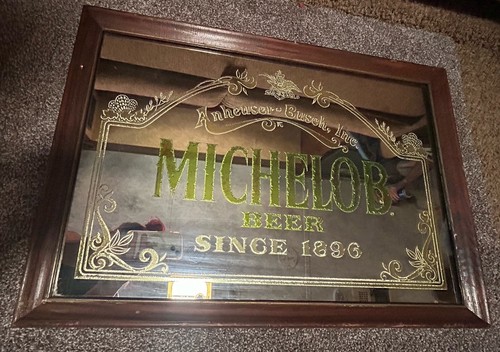 Vtg Anheuser Busch Michelob Beer Green Foil Mirror Bar Sign 26”x18” Man Cave