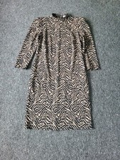 M&Co Black Brown Stripy 60s Style Shift Dress Turtle Neck Ruched Shoulders Sze 8