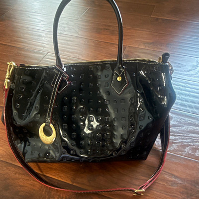 Arcadia Black Logo Satchel Top Handle Bag, Zip, Gold Hardware, Charm