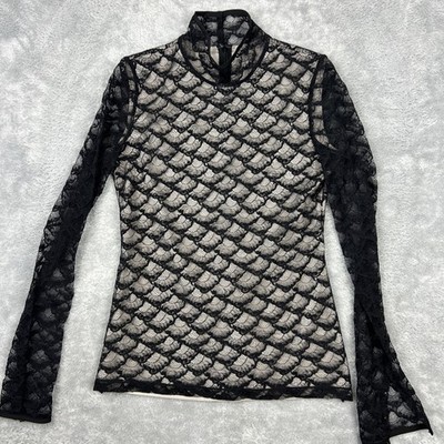 DVF Diane von Furstenberg Top 2 Black Scalloped Lace Mock Neck Lined Zipper