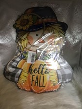 NEW Welcome Hello Fall Scarecrow Wooden Door Sign Halloween Thanksgiving 14"
