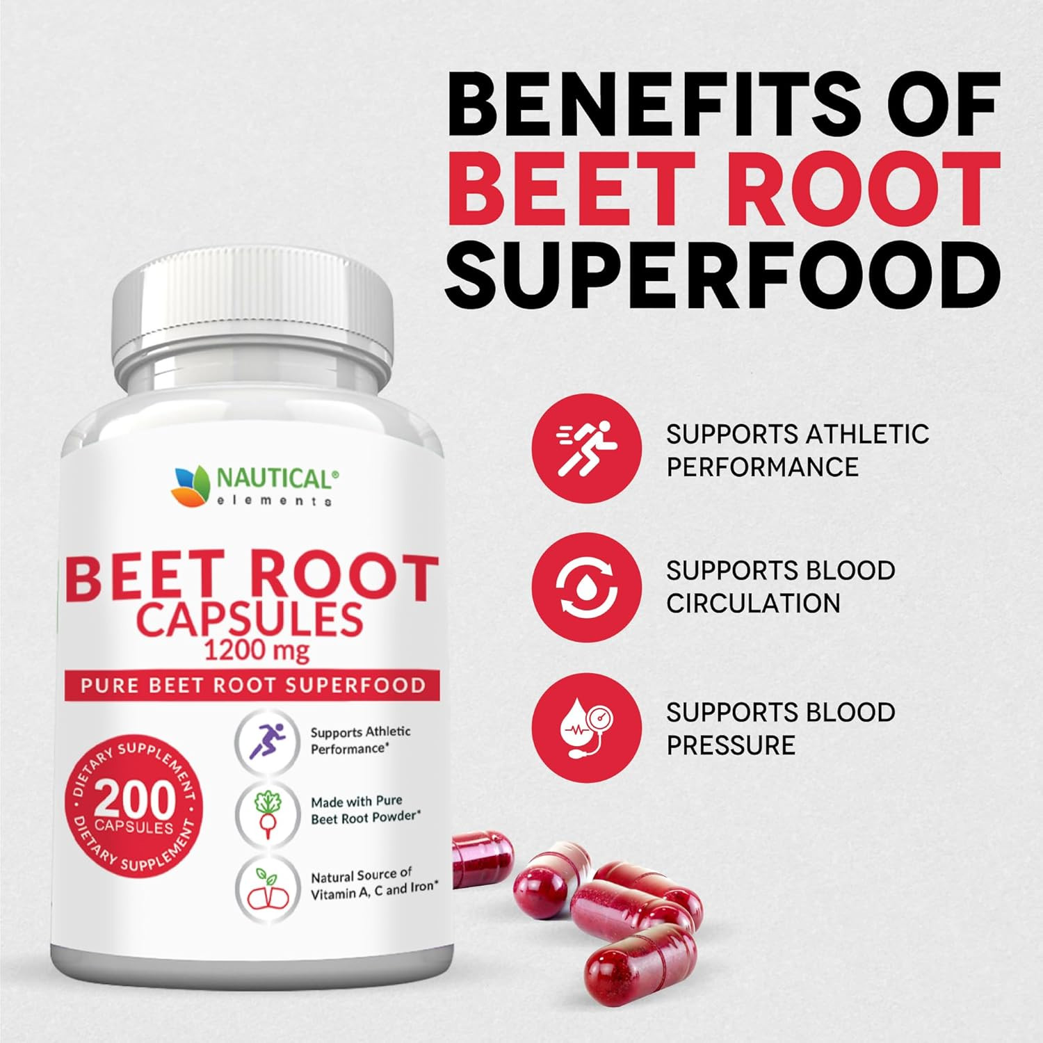 Beet Root Capsules – 1200mg, 200 Capsules – Supports Blood Pressure, Performance