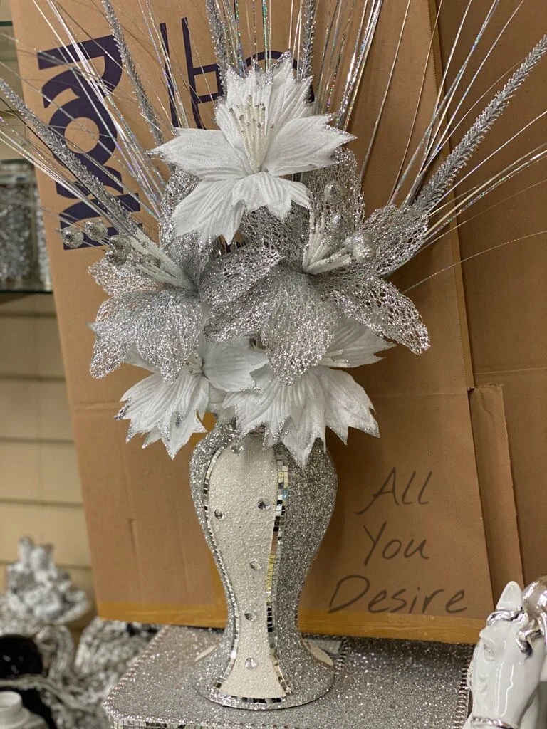 White Silver Romany Vase With Flower Bunch Mosaic Glitter Bling Vase 30 cms