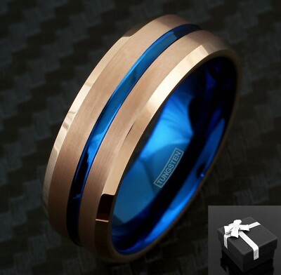 8mm Tungsten Carbide Ring Rose Gold Plated Brushed Blue Stripe Wedding Band