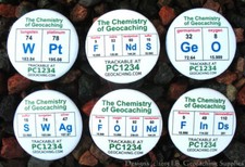6 Chemistry of Geocaching Trackable Button Badges Various Designs, 6pcs Lot 