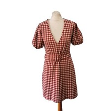 ZARA Red White Check Short Sleeve Belted Dress Size Medium 12 Summer