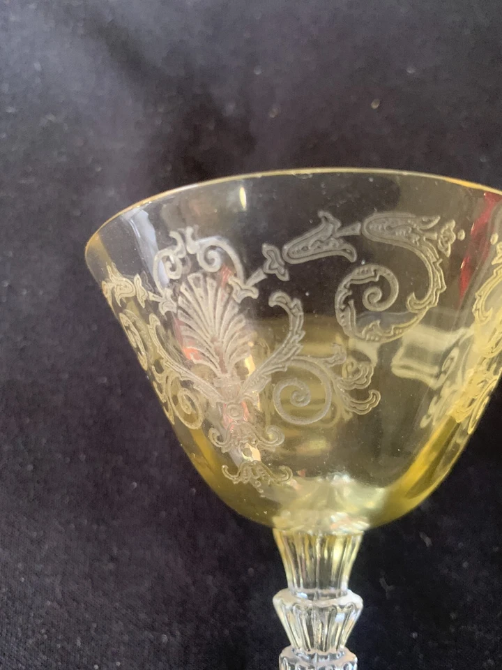 Fostoria Topaz Versailles Etched Small Cordial Glass 5.25" x 3.25" Vintage Rare - Image 2 of 4