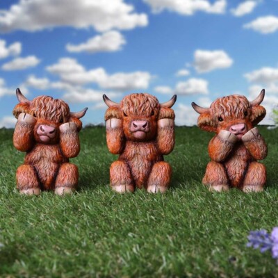 Three Wise Highland Cows See No Hear No Speak No Evil Figur Neu & Originalverpackt