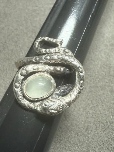 Sterling Silver Snake Coil Wrap White Quartz Designer Signed Ring Unisex Vintage