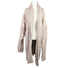 Vintage Cream Tan Marled Stripe Chunky Knit Mid Length Cardigan Sweater