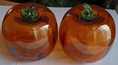 Pair of Amber Art Glass Pumpkins 4'' Tall Green Stem Hand Blown Style Decor