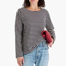 Alex Mill Emily Striped Black and White Long Sleeve Boat Neck Top, Medium (A6)