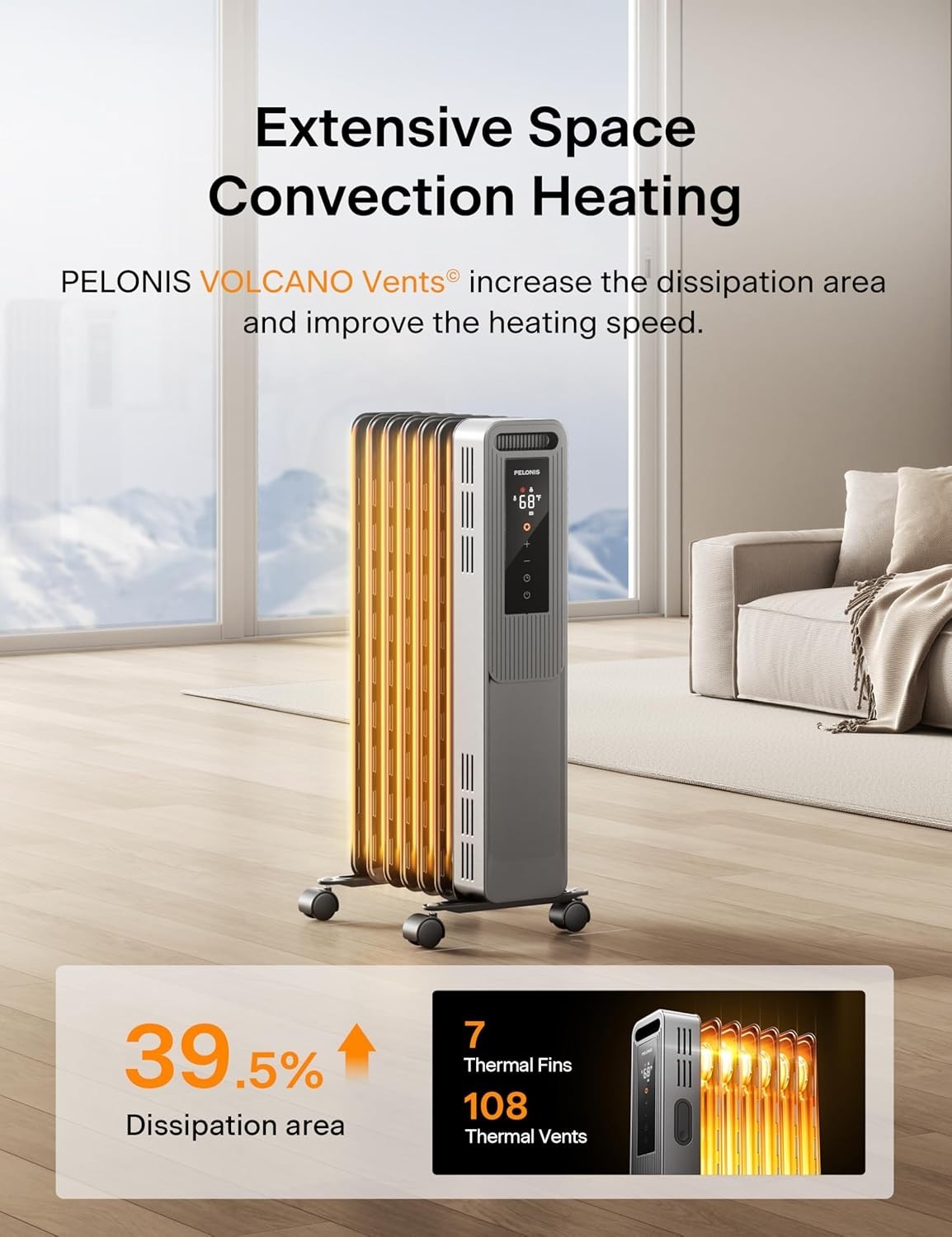 PELONIS Oil Filled Radiator Portable Radiant Heater Timer Remote 1500W 3 Modes