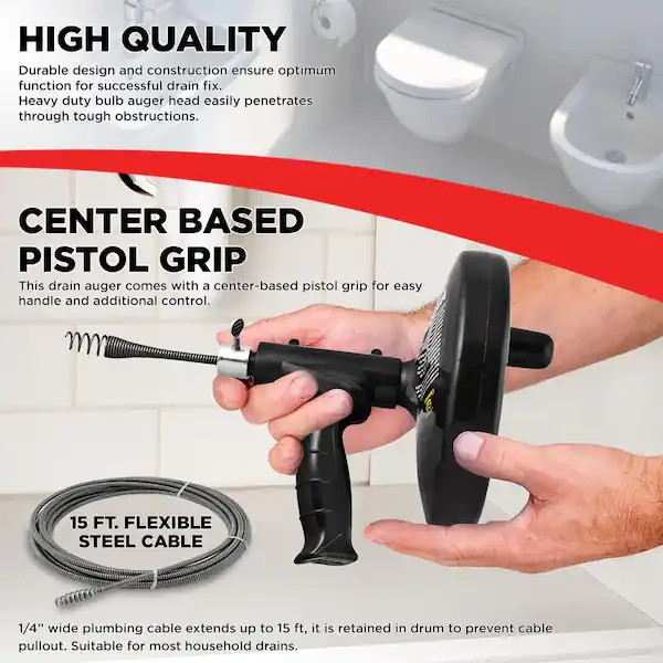 15 Ft. Drum Auger Steel Plumbing Drain Snake with Drain Cleaning Cable